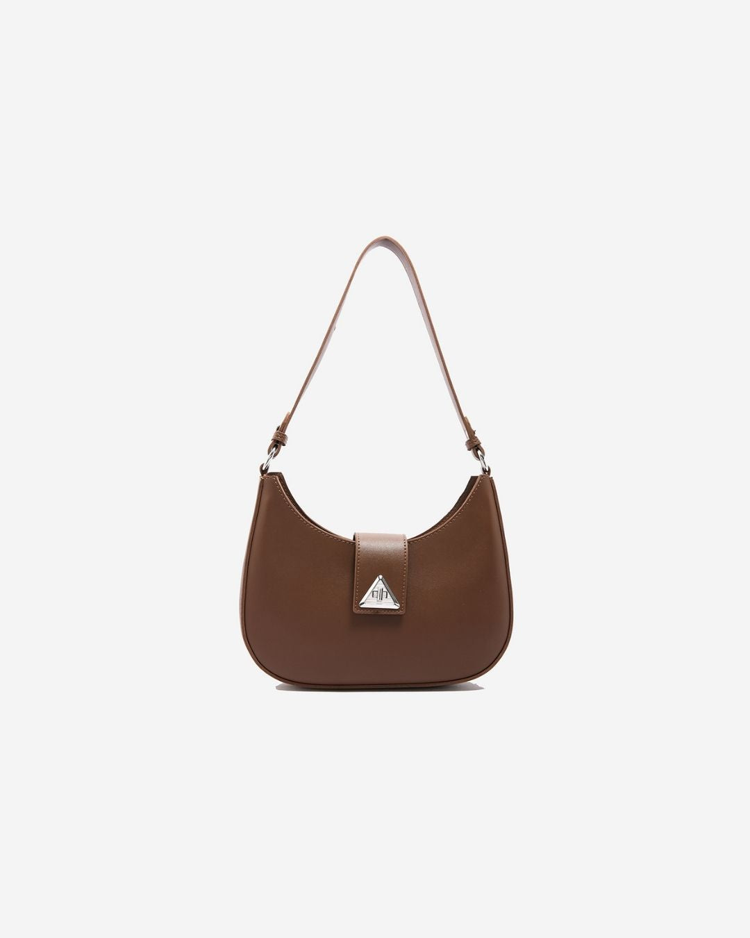Brown handbag with a triangular emblem on a light gray background
