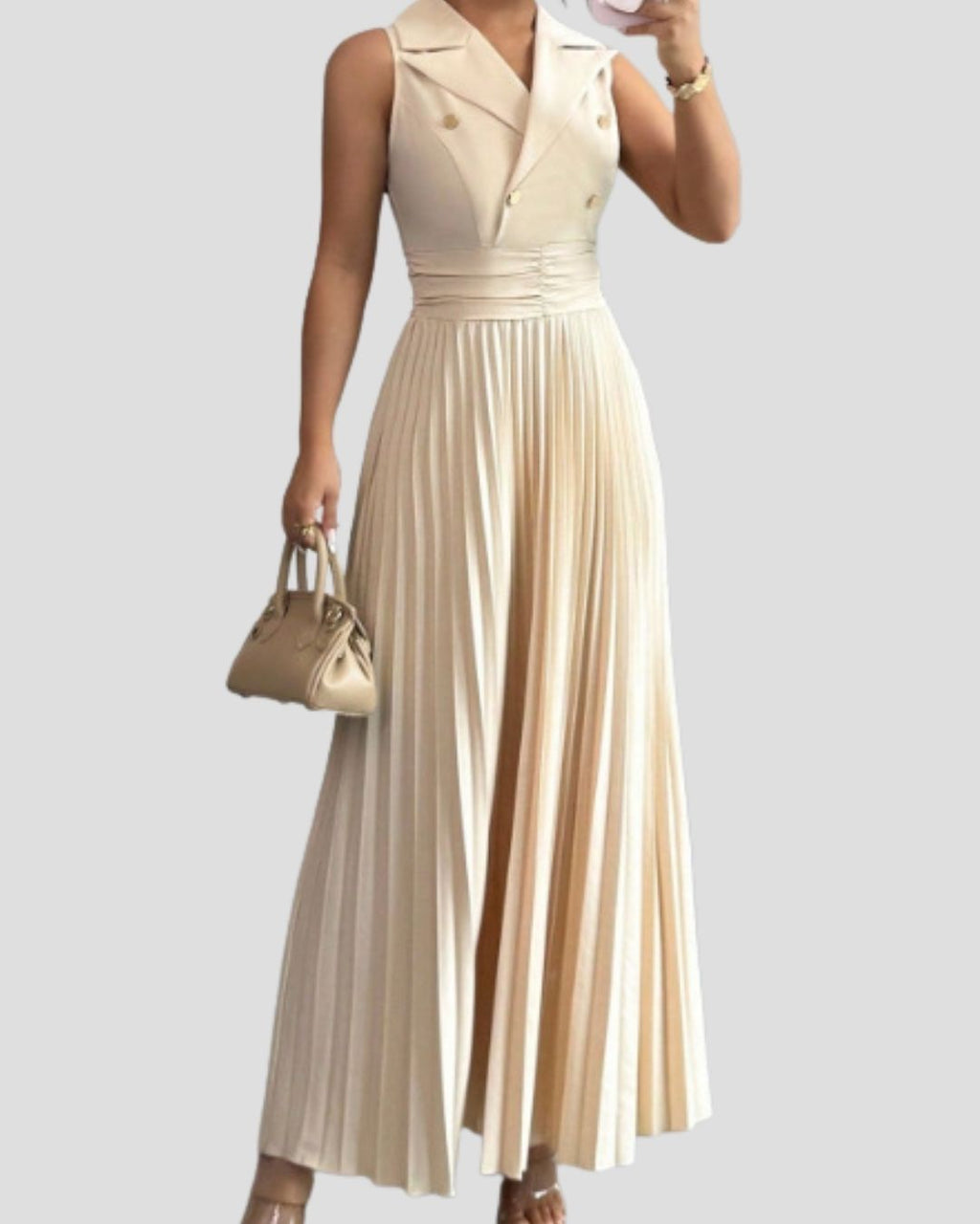 Robe longue plissée Natasha Col tailleur sans manches