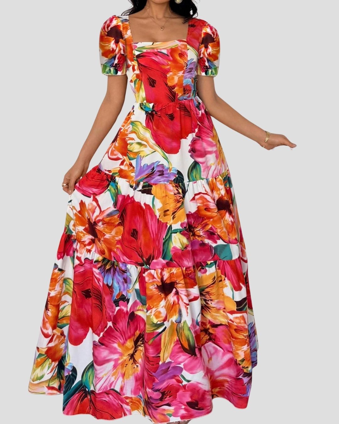 Robe longue évasée Camilia Motif fleuri tropical