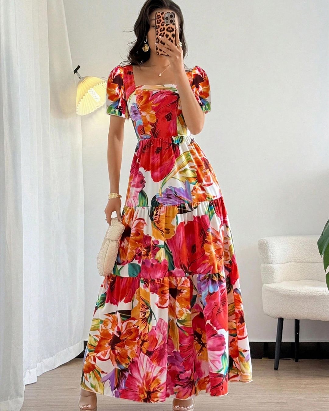 Robe longue évasée Camilia Motif fleuri tropical
