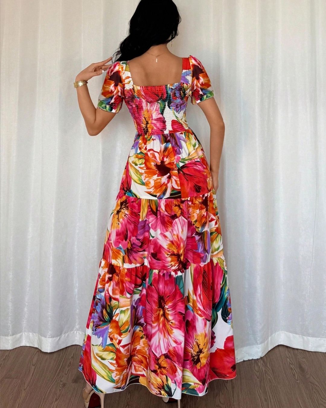 Robe longue évasée Camilia Motif fleuri tropical
