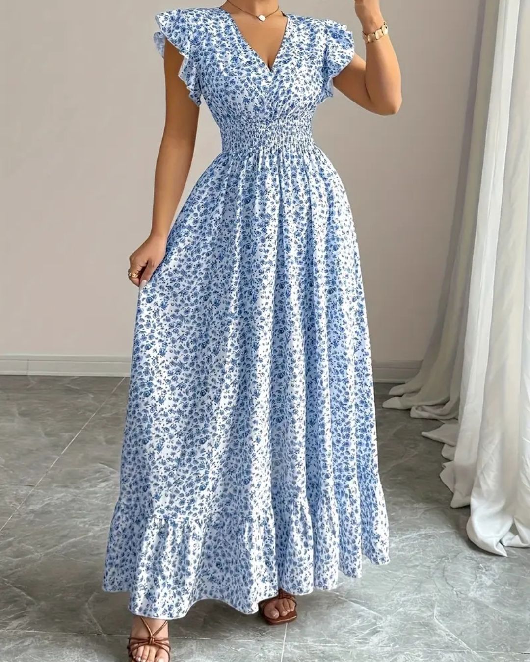 Robe Longue Plissée Deborah Motif Fleuri