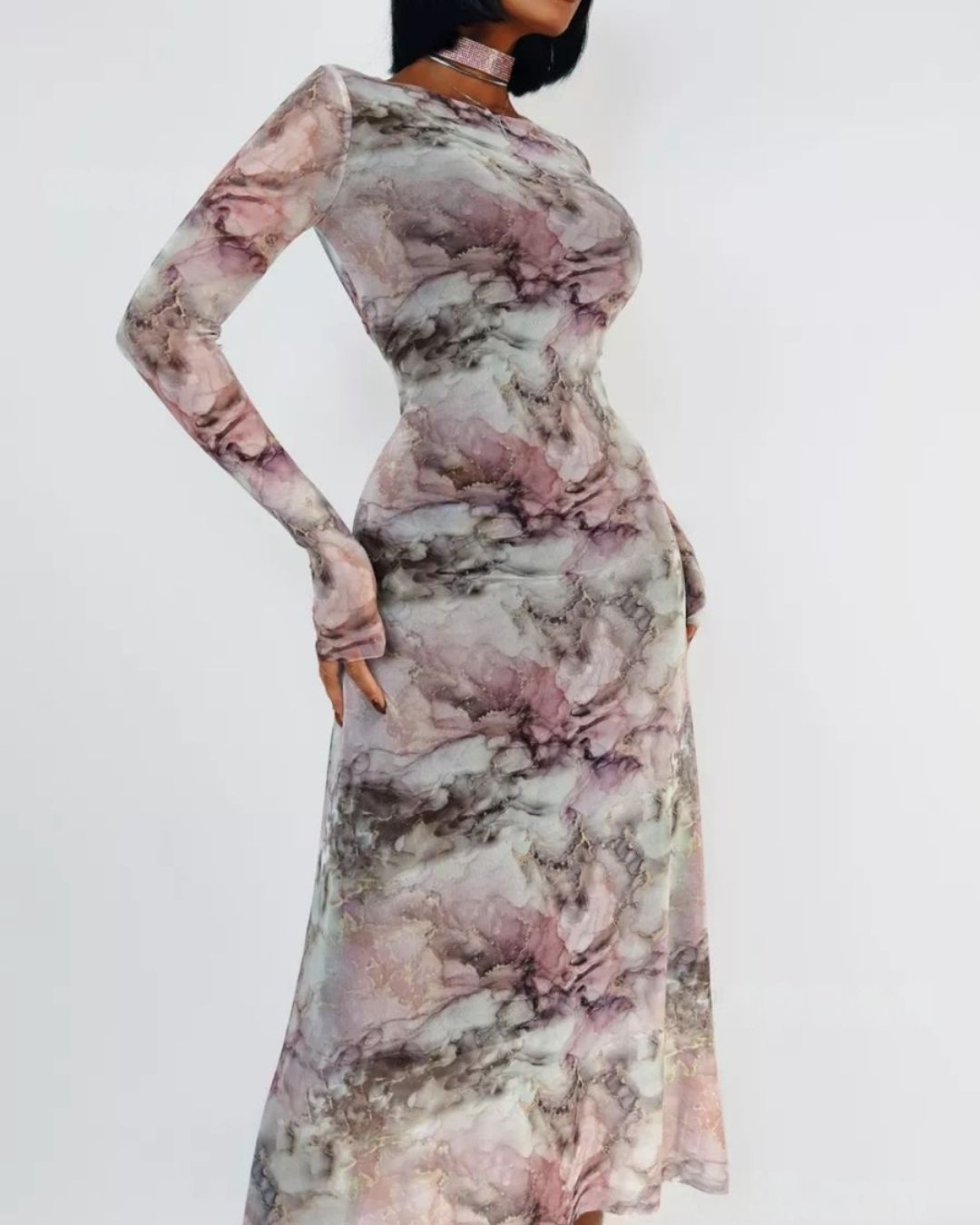 Robe Longue Moulante Sofia Longues Manches Marbré Noir & Blanc