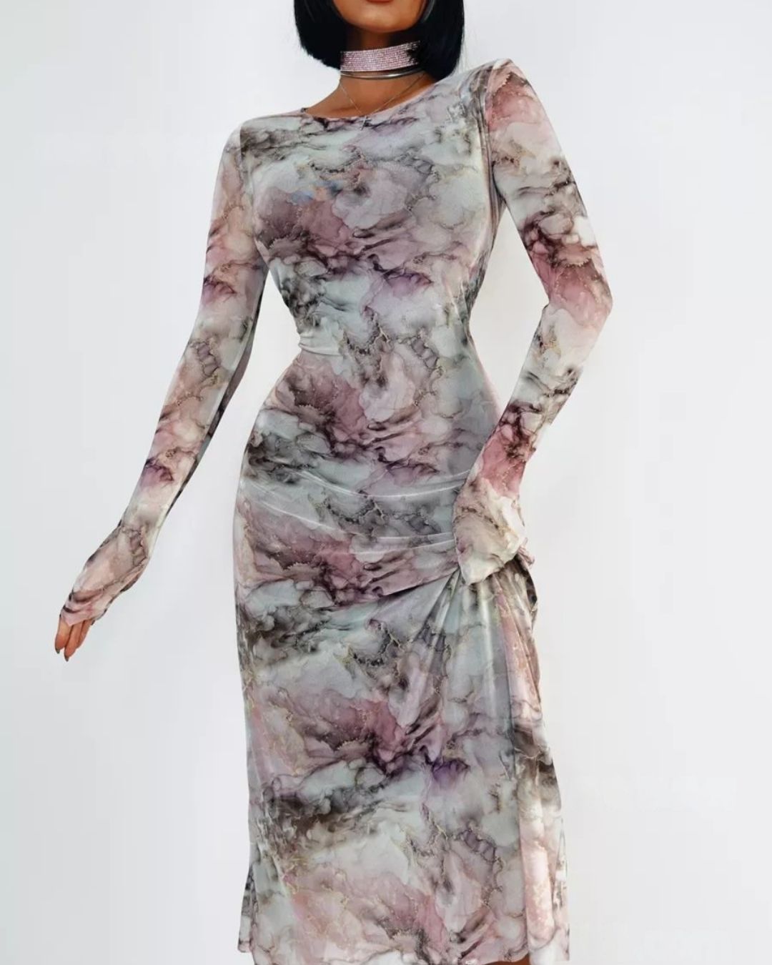 Robe Longue Moulante Sofia Longues Manches Marbré Noir & Blanc