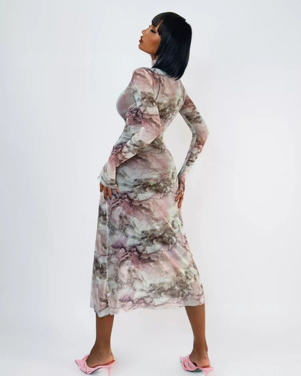 Robe Longue Moulante Sofia Longues Manches Marbré Noir & Blanc