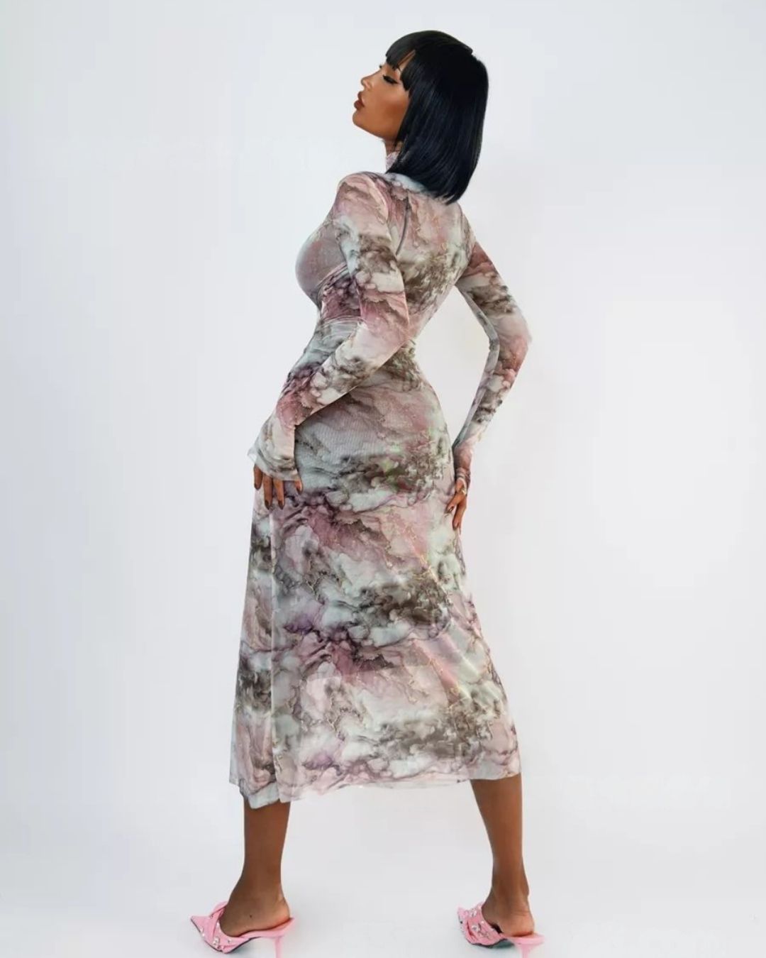 Robe Longue Moulante Sofia Longues Manches Marbré Noir & Blanc